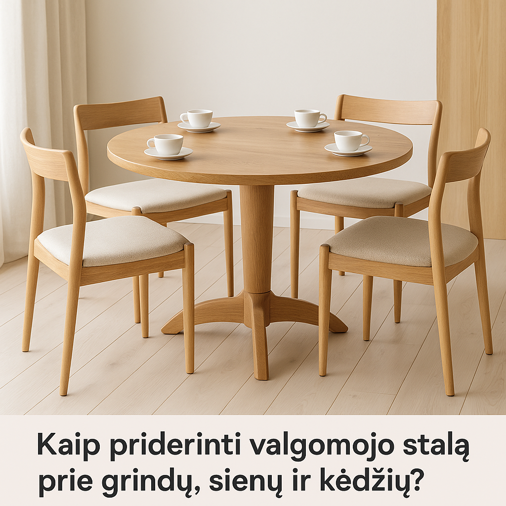 Valgomojo stalas apvalus su kedemis ir puodeliais