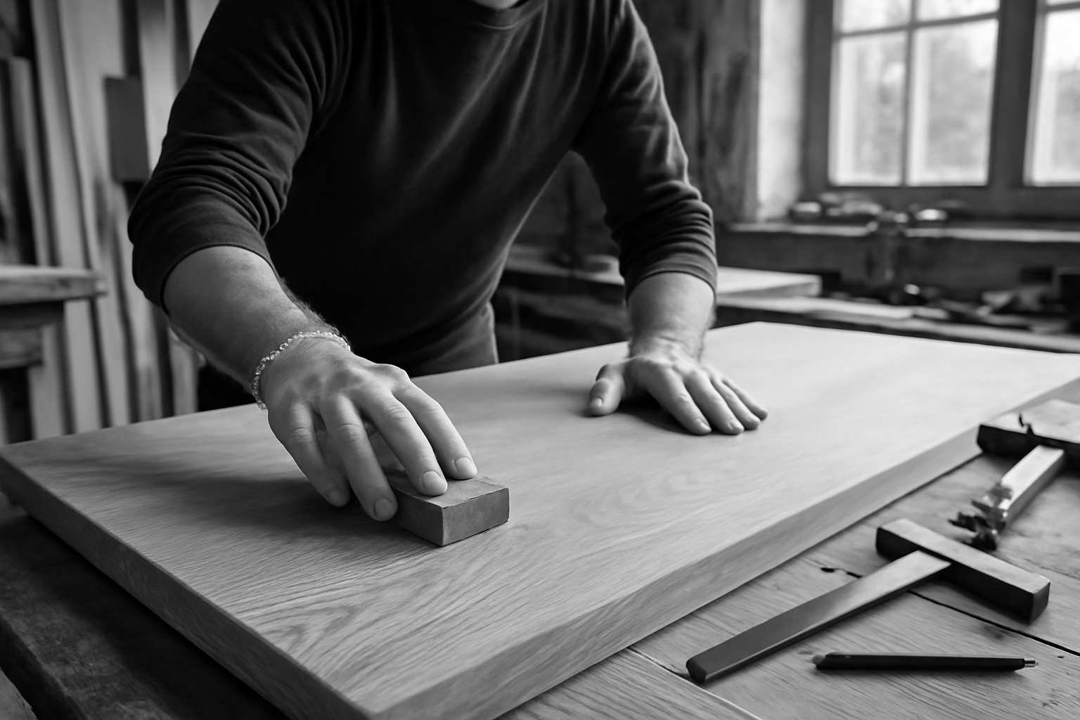 Meistras tikrina medinio stalviršio kokybę – individuali stalo gamyba