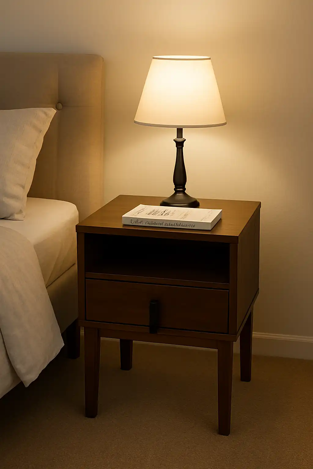 Medinė naktinė spintelė miegamajame interjere