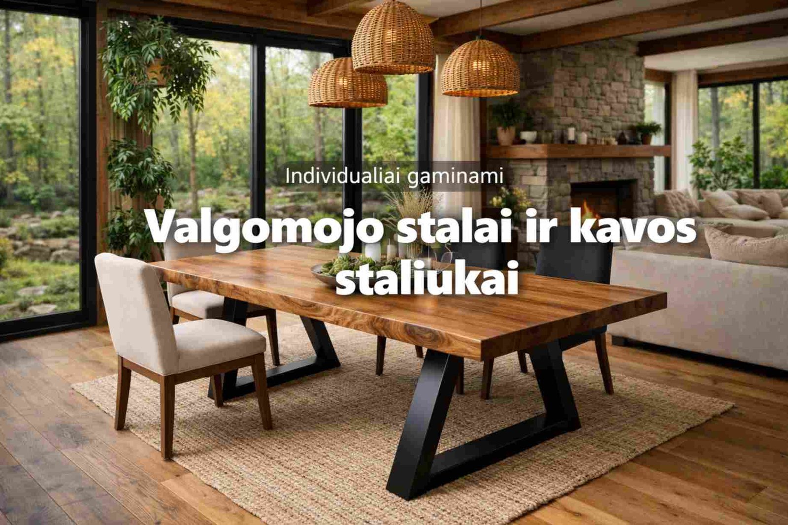 Modernus valgomojo stalas su metalinėmis kojomis – individualiai gaminami Farbina stalai